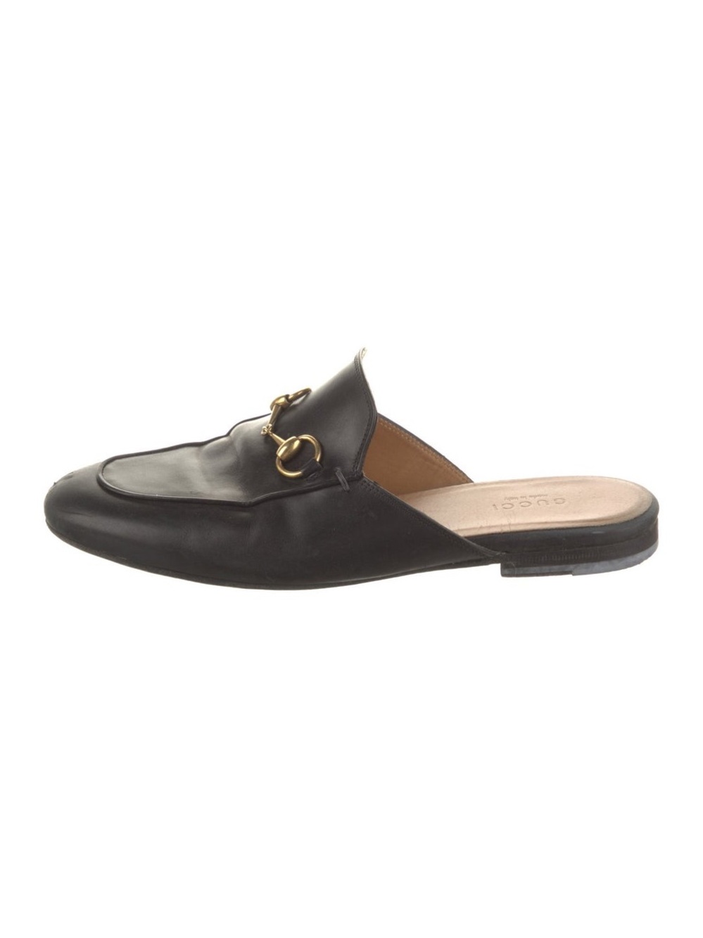 Black Leather Backless Loafers with Gold Horsebit Accent - Picture 6 of 9